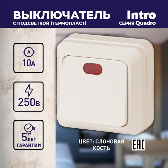 Б0053743 Выключатель Intro Quadro 2-102-02 одноклавишный с подсветкой, 10А-250В, IP20, ОУ, слоновая кость