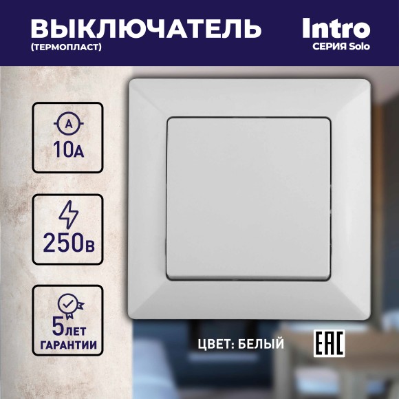 Б0053540 Выключатель Intro Solo 4-101-01 одноклавишный 10А-250В, IP20, СУ, белый