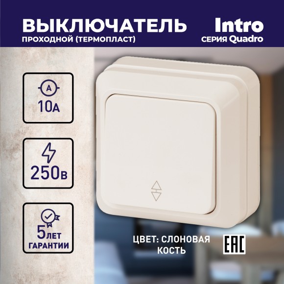 Б0053751 Переключатель Intro Quadro 2-103-02 одноклавишный 10А-250В, IP20, ОУ, Quadro, слоновая кость