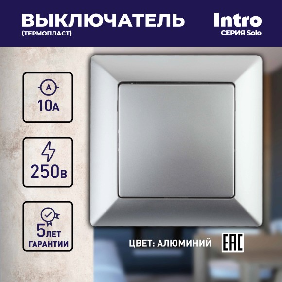 Б0053544 Выключатель Intro Solo 4-101-03 одноклавишный 10А-250В, IP20, СУ, алюминий
