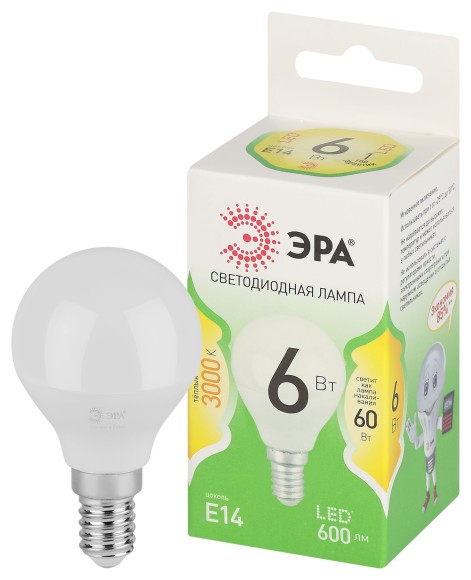 LED P45-6W-830-E14 GL Лампочка светодиодная ЭРА GREEN LINE LED P45-6W-830-E14 GL E14 6 Вт шар теплый свет