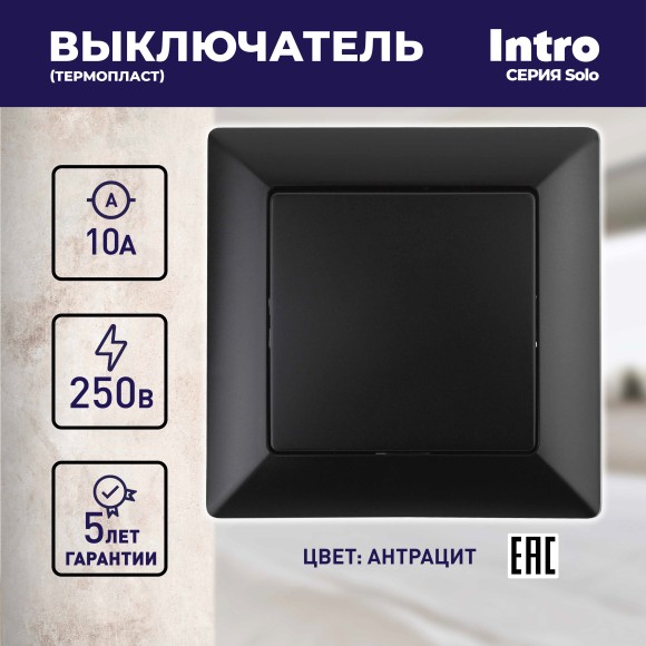 Б0053548 Выключатель Intro Solo 4-101-05 одноклавишный 10А-250В, IP20, СУ, антрацит