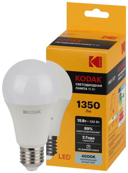 Лампочка светодиодная Kodak LED KODAK A60-15W-840-E27 E27 / Е27 15Вт груша нейтральный белый свет