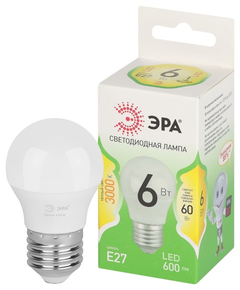 LED P45-6W-830-E27 GL Лампочка светодиодная ЭРА GREEN LINE LED P45-6W-830-E27 GL E27 6 Вт шар теплый свет