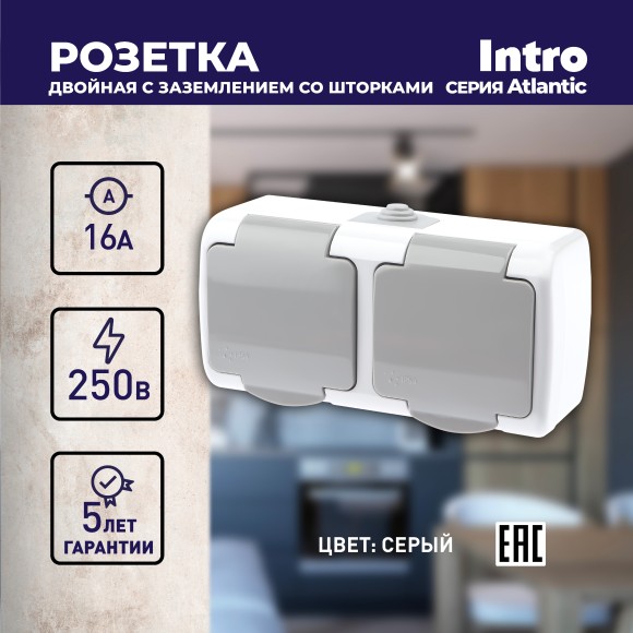 Б0051061 Розетка Intro Atlantic 5-204-03 двойная с заземлением 2х2P+E Schuko шторки, 16А-250В, IP54, открытой установки, серый