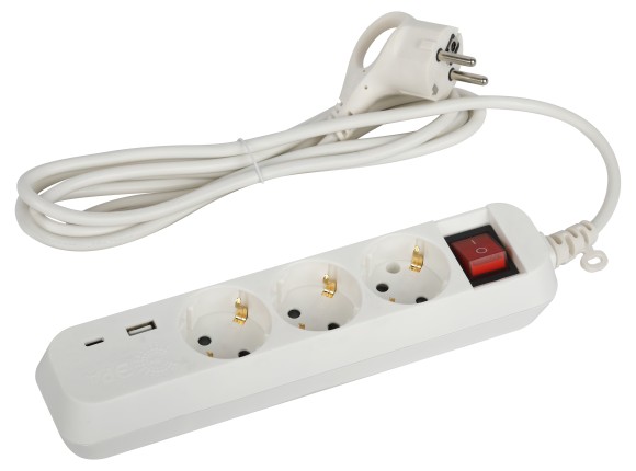 Б0052897 Удлинитель электрический ЭРА UB-3es-1,5m-USB c заземлением с выключателем 3 розетки + 1xUSBA+1xUSBC 1,5м 10А