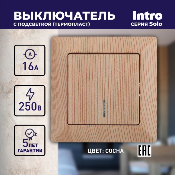 Б0043276 4-102-11 Intro Выключатель с подсветкой, 10А-250В, СУ, Solo, сосна (10/200/2400)