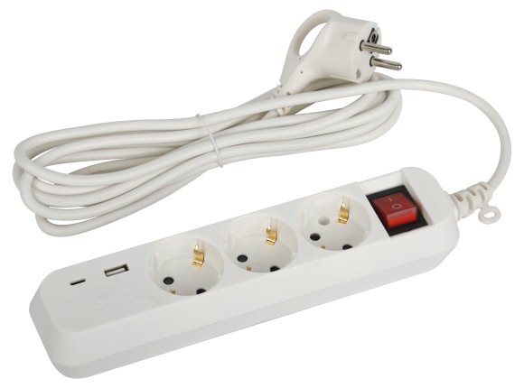 Б0052898 Удлинитель электрический ЭРА UB-3es-3m-USB c заземлением с выключателем 3 розетки + 1xUSBA+1xUSBC 3м 10А