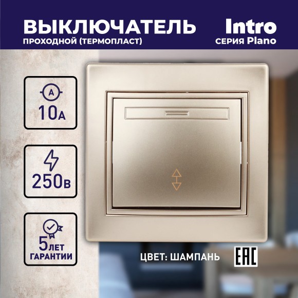 Б0030039 1-103-04 Intro Переключатель, 10А-250В, IP20, СУ, Plano, шампань (10/200/3200)