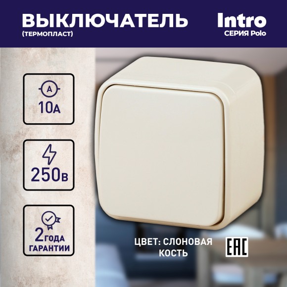Б0036115 3-101-02 Intro Выключатель, 10А-250В, IP20, ОУ, Polo, сл.кость (18/360/4320)