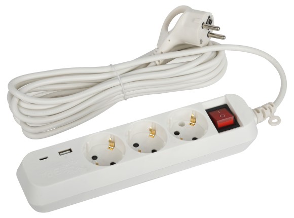Б0052899 Удлинитель электрический ЭРА UB-3es-5m-USB c заземлением с выключателем 3 розетки + 1xUSBA+1xUSBC 5м 10А