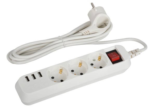 Б0052900 Удлинитель электрический ЭРА U-3es-1,5m-USB c заземлением с выключателем 3 розетки + 3xUSBA 1,5м 10А