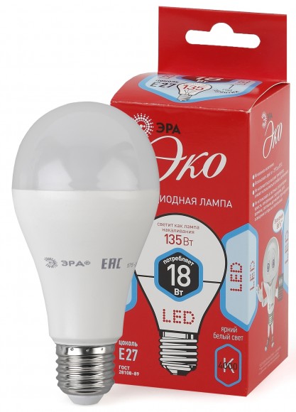 Б0031708 Лампочка светодиодная ЭРА RED LINE ECO LED A65-18W-840-E27 Е27 / E27 18Вт груша нейтральный белый свет