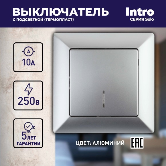 Б0053561 Выключатель Intro Solo 4-102-03 одноклавишный с подсветкой, 10А-250В, IP20, СУ, алюминий
